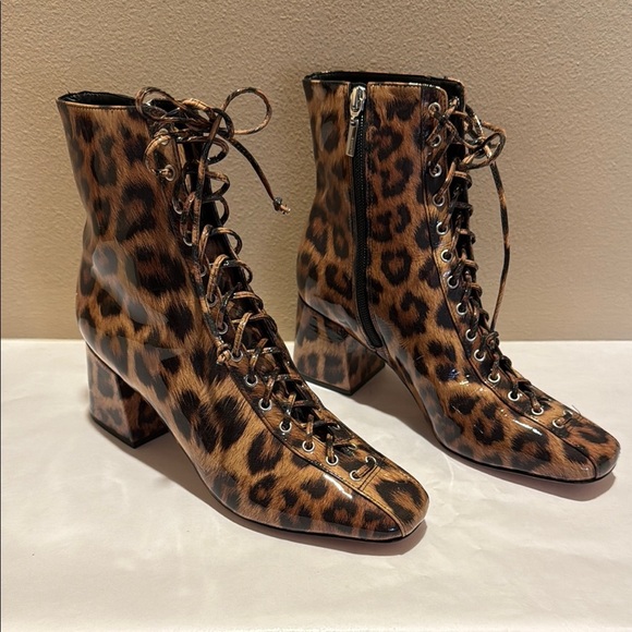 SCHUTZ Leopard Print Patent Leather Lace Up Boots with Square Toe - Picture 1 of 16